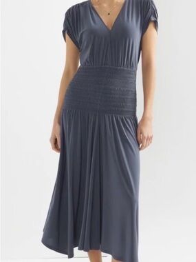 White House Black Market Slate Blue V-Neck Smocked-Waist Midi Dress